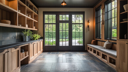 Obraz premium Mudroom featuring sturdy door leading into house, welcoming home entrance with practical flooring, indoor inside space designed for transitioning, functional interior with bench and shelves.