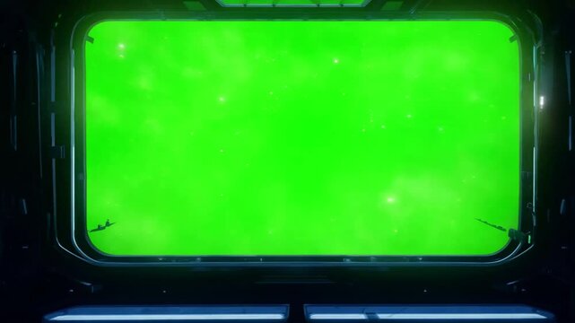 Futuristic spaceship interior featuring green screen monitors and windows, ideal for space travel visualizations