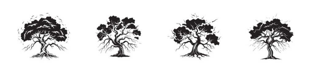 Fototapeta premium Set of four black silhouette trees with intricate roots and branches isolated on a white background. Concept of nature, growth, tree symbolism, and minimalist design