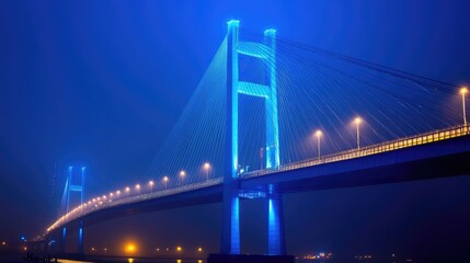 Obraz premium Enchanting Night View of a Modern Bridge in Shanghai: A Symphony of Traffic Under the Blue Sky