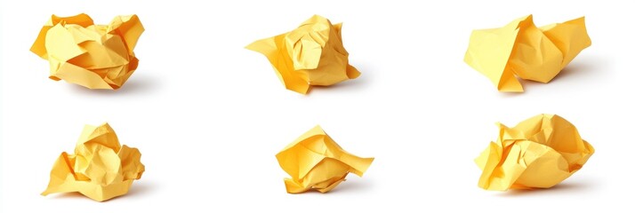 Naklejka premium Collection of Yellow Crumpled Paper. Step-by-Step Process of Folding Sheets into Textured Balls with Gentle Shadows on White Background