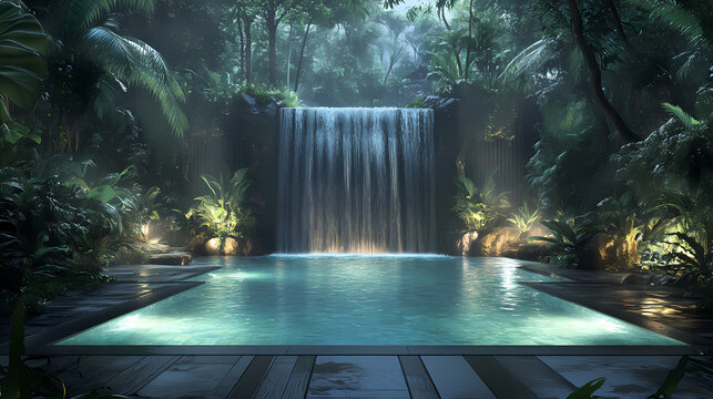 A serene oasis featuring a tranquil waterfall and illuminated pool in lush greenery. Oasis. Illustration