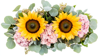 A romantic sunflower bouquet with two golden sunflowers accented by soft lavender flowers and eucalyptus stems.