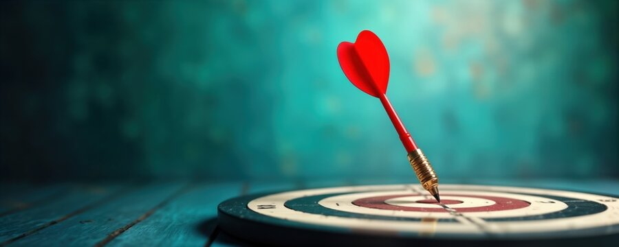 Red dart arrow hits center of bullseye target. Business concept of accurate aiming, goal achievement. Close-up view of traditional dartboard on wooden surface. Winning strategy, success in business.