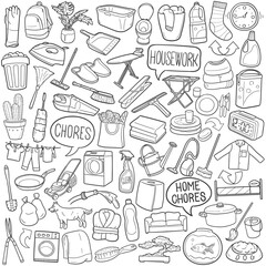 Bundle Chores Home Work Traditional Doodle Icons Sketch Hand Made Design Vector.