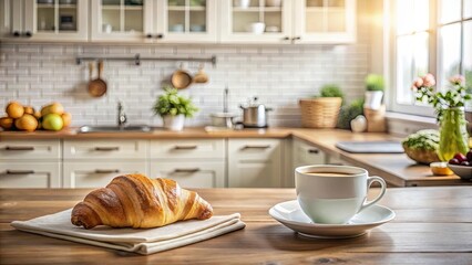 Obraz premium Breakfast in a cozy kitchen with coffee and fresh croissant, cozy kitchen
