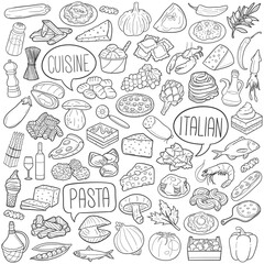 Bundle Italian Food Restaurant Traditional Doodle Icons Sketch Hand Made Design Vector.