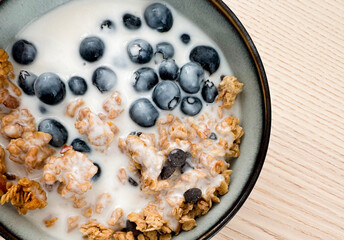 Healthy breakfast bowl with granola and blueberries in a serene setting