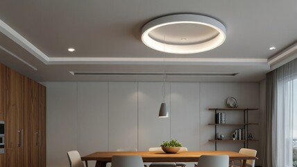 Modern dining room with recessed lighting and pendant lamp, neutral color palette.