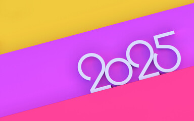Happy new year 2025; simple white sloped geometric text on yellow, purple and pink background with copy space, 3d rendering, 3d illustration	