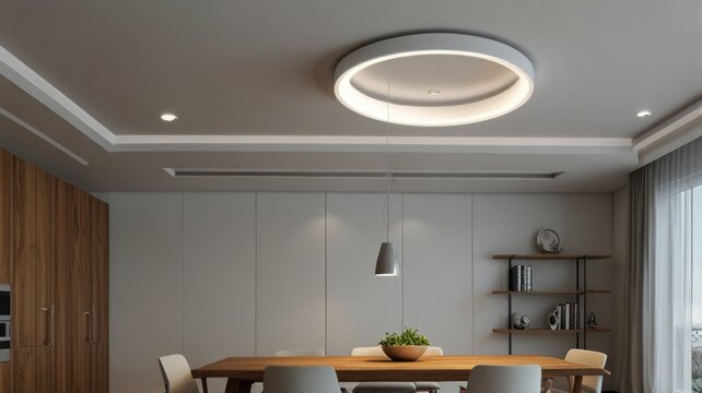 Modern dining room with recessed lighting and pendant lamp, neutral color palette.