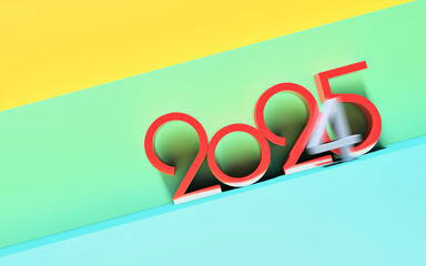 Happy new year 2025; simple red sloped geometric text on colorful background with copy space, 2024 year passing concept, 3d rendering, 3d illustration	