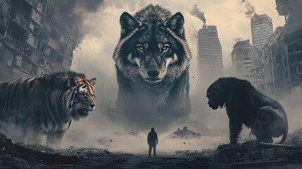 A towering wolf tiger lion and gorilla looming over a person in an abandoned cityscape their gaze piercing through the dust-filled air.