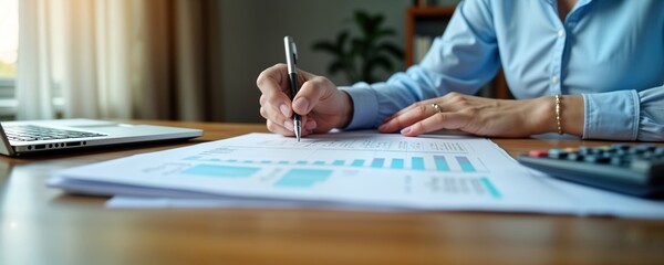 Businesswoman works in office analyzing financial documents. Reviews reports, uses calculator. Laptop on desk. Writes on documents, likely preparing tax paperwork financial reports. Photo captures