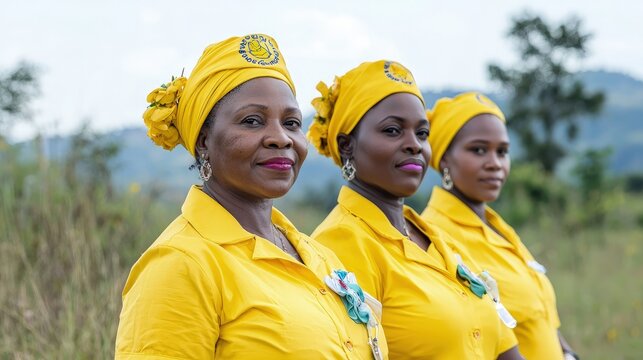 Three African women wearing matching yellow dresses and headscarves stand together in a grassy rural field.