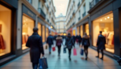 Busy city shopping street. Pedestrians walk in shopping center. People carry shopping bags. Many shops. Modern urban lifestyle. Retail scene. Lively atmosphere. Commercial area. Trendy fashion.