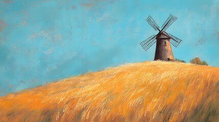 A rustic windmill on a hill drawn with oil pastels surrounded by golden fields and a soft blue sky.