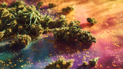 A scattered heap of ground cannabis and dense buds on a multicolor glowing abstract ground.