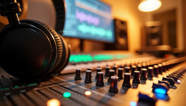 Close-up audio mixer, headphones in recording studio. Pro sound equipment for music production. Modern tech in action. Music production tools. Audio editing tools. Studio environment. Sound control