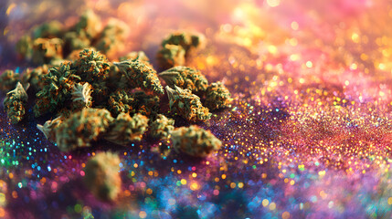 A scattered heap of ground cannabis and dense buds on a multicolor glowing abstract ground.