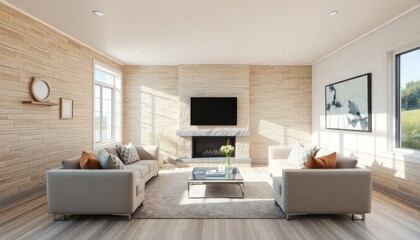 Fototapeta premium Sunny Contemporary Luxury Stone Wall Living Room with brushed silver skirting boards for sleek sophistication