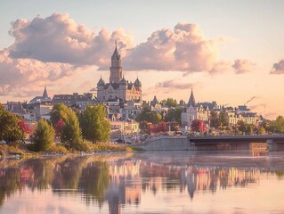 Fototapeta premium Serene landscape featuring a castle and reflection in a river at sunset.