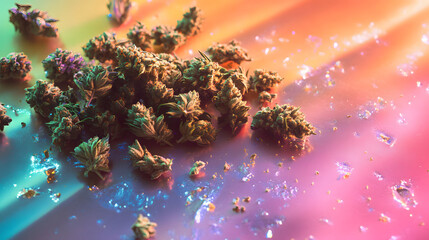 A scattered heap of marijuana crumbs and glossy buds resting on a glowing rainbow-gradient surface.