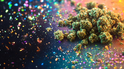 A scattered heap of marijuana crumbs and glossy buds resting on a glowing rainbow-gradient surface.