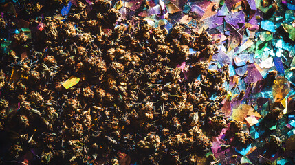 A scattered pile of crushed marijuana and dense buds displayed on a kaleidoscope-like multicolored surface.
