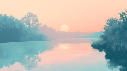 A serene riverbank drawn with oil pastels showcasing calm water reflecting trees and a pink sunset.