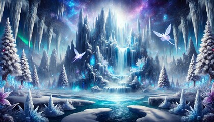 A Majestic Icefall in a Grand Fantasy Frozen World Bathed in Deep Blue, Purple, and Green Light