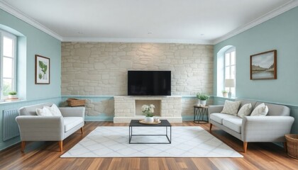 Overcast Coastal Chic Stone Wall Living Room featuring soft turquoise skirting boards for a fresh, seaside touch