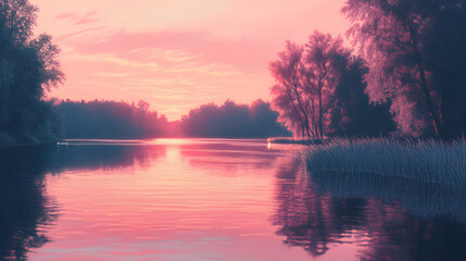 A serene riverbank drawn with oil pastels showcasing calm water reflecting trees and a pink sunset.