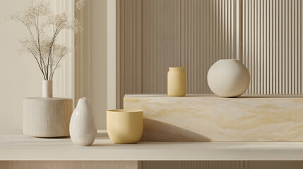 A sleek arrangement of pale wood beige patterns smooth marble and glossy yellow ceramic pieces.