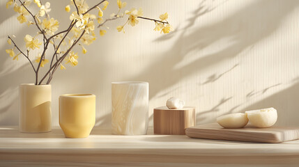 A sleek arrangement of pale wood beige patterns smooth marble and glossy yellow ceramic pieces.