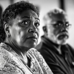Close-up photograph of a concerned woman attending a PTA meeting about school budget cuts, with another parent in the blurred background. 