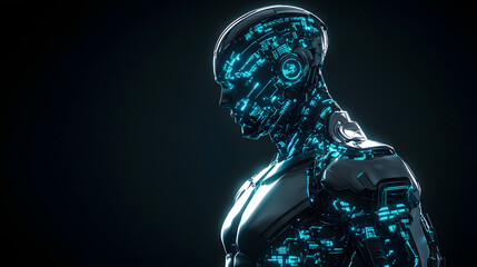 A sleek futuristic humanoid with glowing blue circuits embedded in metallic silver armor standing against a black background.