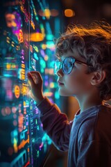Fototapeta premium Curious child exploring digital interface with vibrant colors in a modern, interactive environment at night. Generative AI