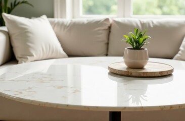 A stylish marble tabletop featuring a small potted plant, set against a bright and cozy background with blurred cushions and soft natural lighting.