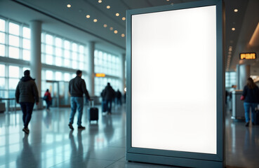 Airport terminal hall shows blank billboard. People walk by with luggage. Modern interior. Empty advertising space. Travel concept. City life. Commercial display. Urban scene.
