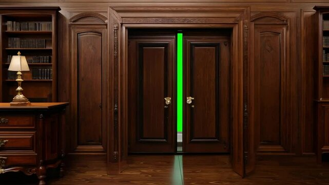 Classic wooden double doors swing open, revealing a green screen, perfect for customization