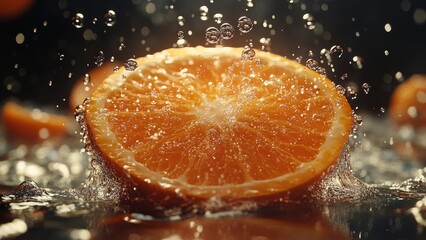 Refreshing orange slice splashes in water with vibrant droplets