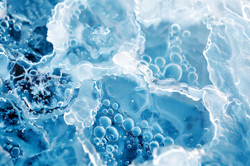 Close-up view of ice with bubbles and intricate details captured in a serene blue tone.