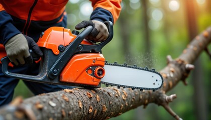 Worker trims tree branches with chainsaw outdoors. Protective gear like gloves, orange work clothes visible. Worker focused on precise pruning. Nature, safe work practices essential in forest.