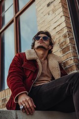 Fototapeta premium A young man wears a red jacket and sunglasses, posing confidently against a brick backdrop.