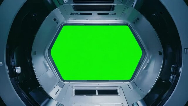Hexagonal spaceship window providing chroma key backdrop, featuring metallic-framed futuristic portal revealing sci-fi interior environment