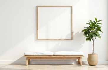 A minimalist interior featuring a wooden bench and a blank wall frame, accompanied by a stylishly placed plant, showcasing modern, natural aesthetic in decor.