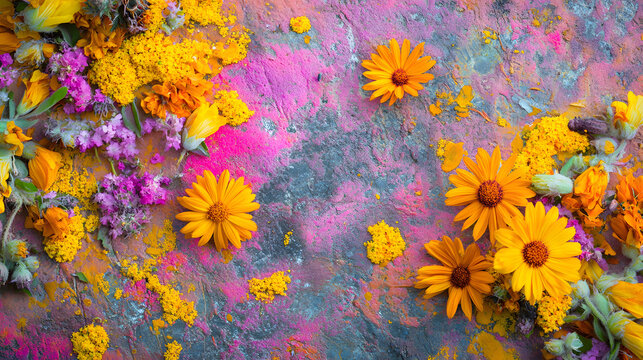 A striking combination of finely ground weed and fresh buds spread across a vivid tie-dye patterned ground.
