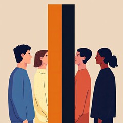 Illustration of two groups standing on opposite sides of a bold dividing line, representing societal division. Flat style with contrasting warm and cool colors creates a striking, reflective mood