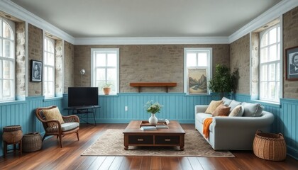 Fototapeta premium Rainy Coastal Boho Stone Wall Living Room with sky-blue skirting boards adding relaxed, seaside flair